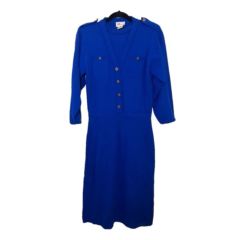 Vintage Knit Sweater Dress Blue M Military Solider Preppy Classic Retro Metallic